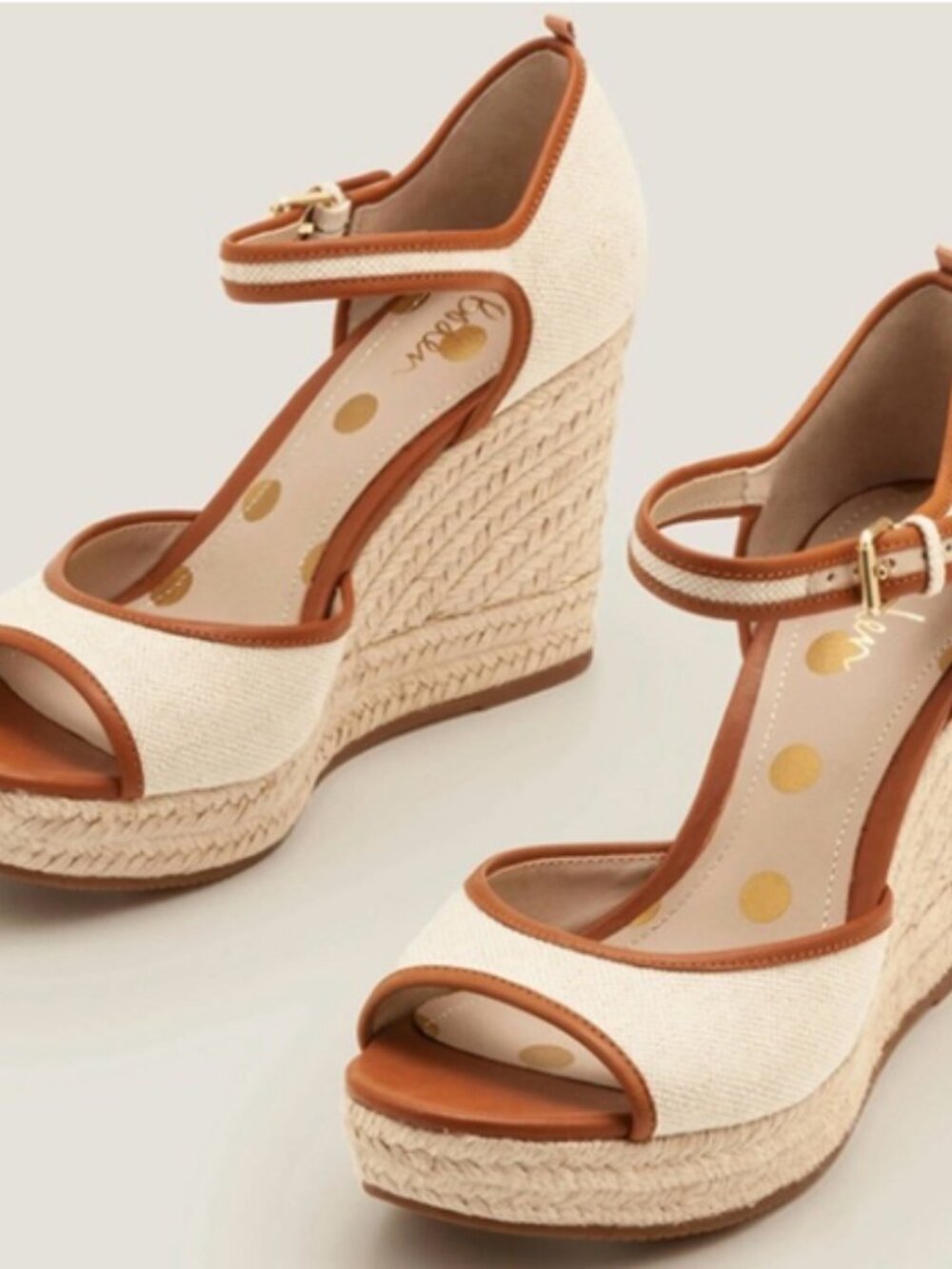 Boden Cream Canvas Espadrille Wedges with Tan Trim.  Brand new.